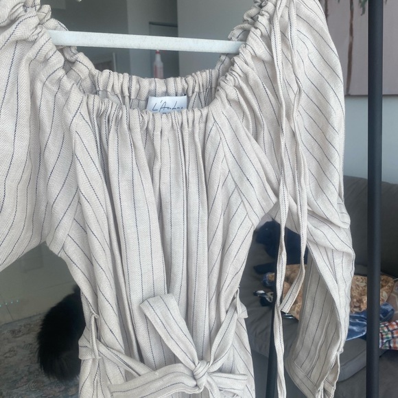 L'Academie The Celine Mini Dress in Beige & Navy Stripe - Picture 5 of 7